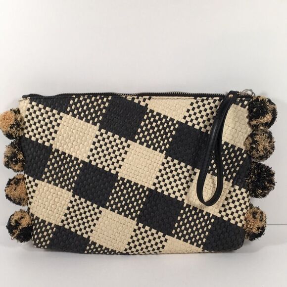 A New Day Straw Rafia Black and Creme Pom Pom Clutch Wristlet - Picture 3 of 14